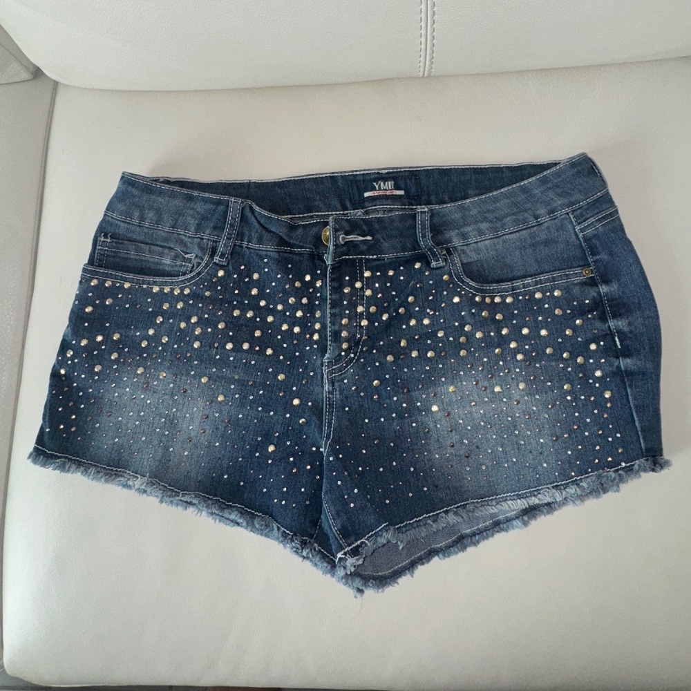 YMI. Bedazzled gem stone distressed fringe blue Jean shorts. Size 13